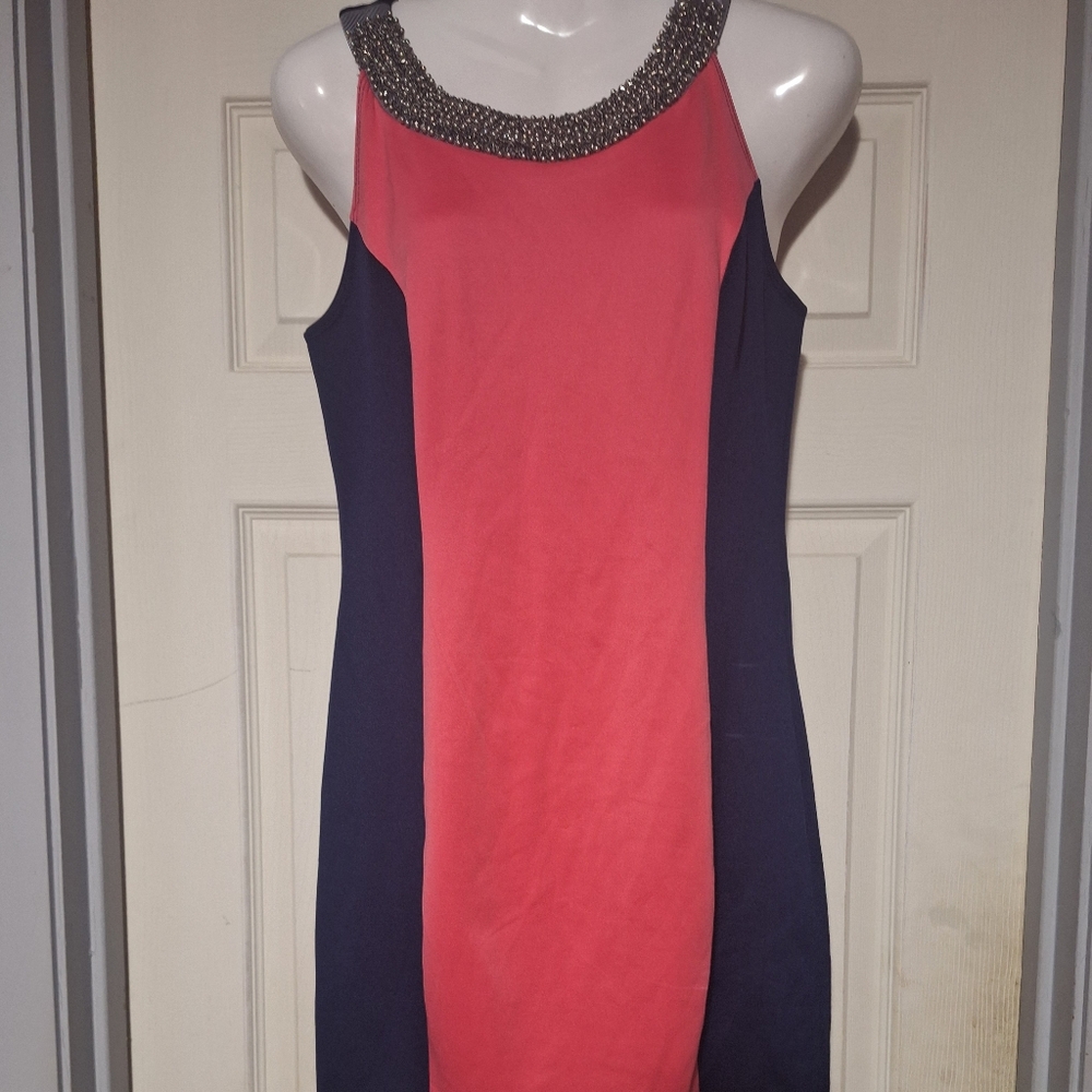 Red and Pink Embellished Halter Mini Dress
